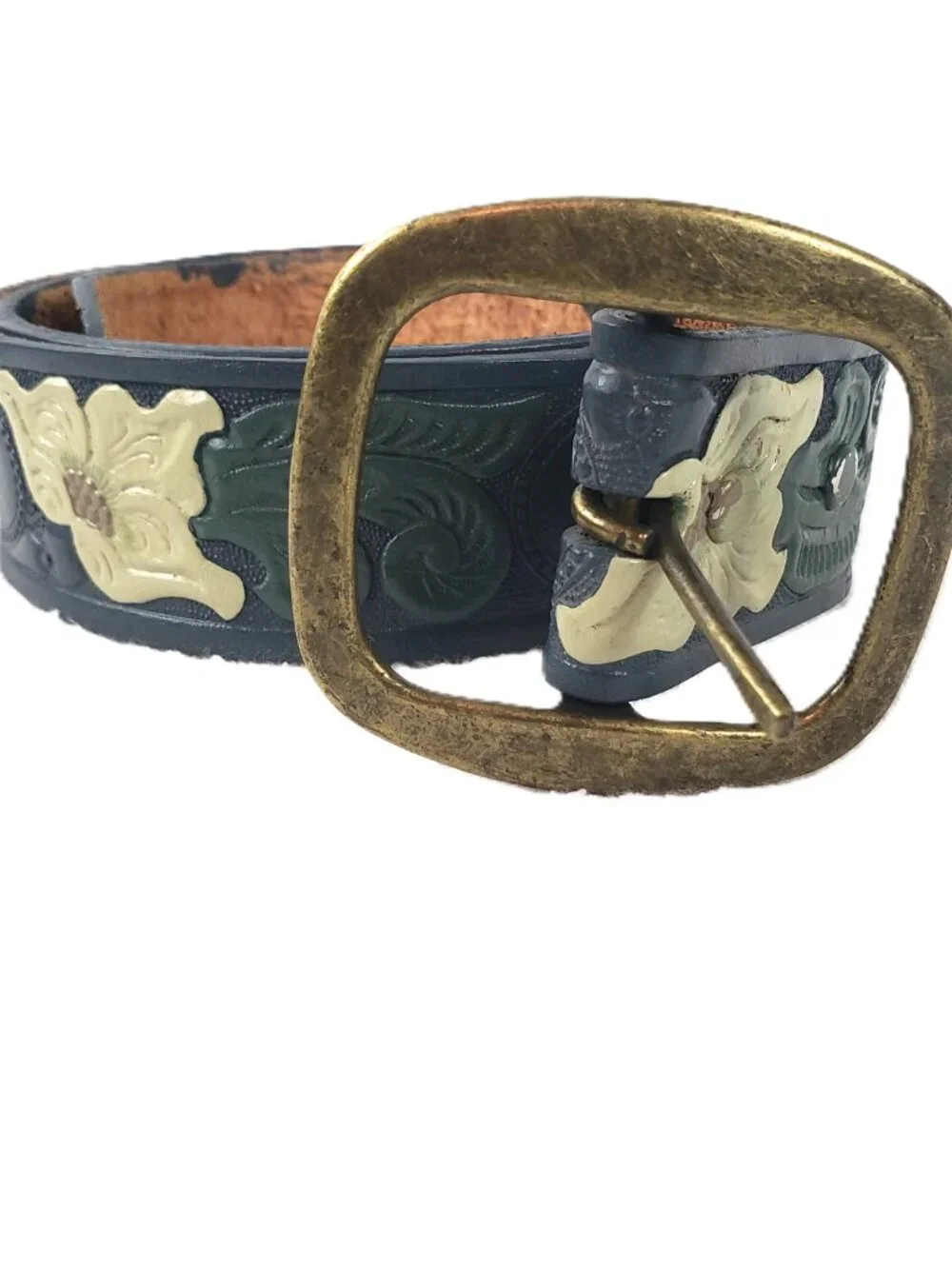 Beth Frank Hand‑Tooled Leather Belt – Floral Design – Size 36